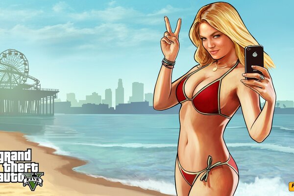 Figura bionda in costume da bagno sul mare gta