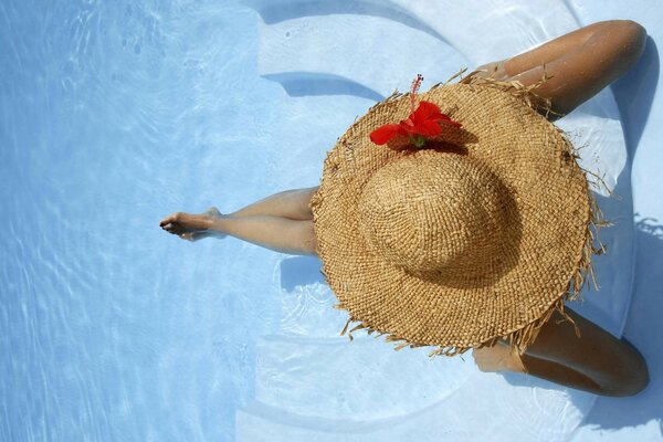 A girl in a straw hat is sitting in the pool