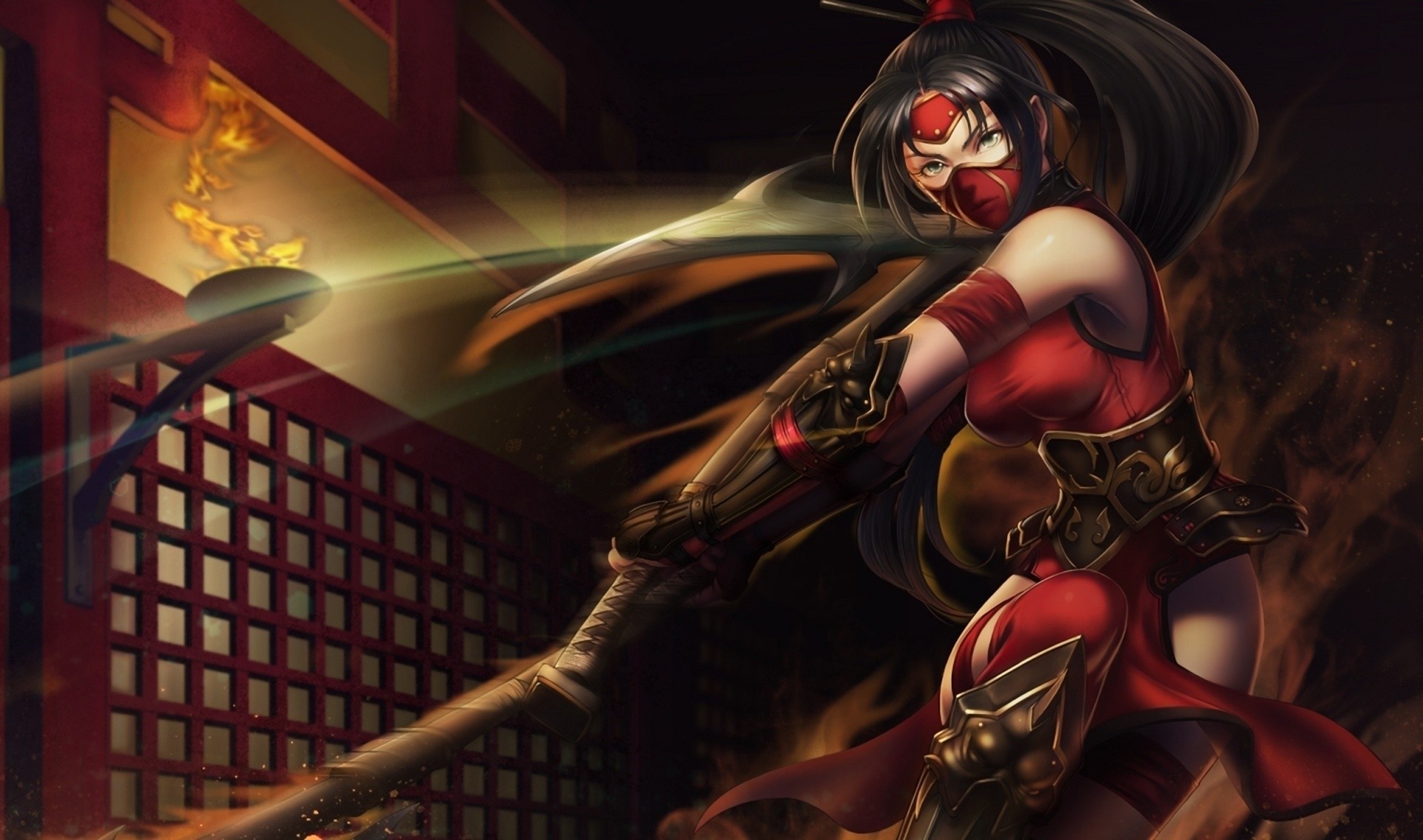 ligue des légendes fille hache mouvement arme akali bandeau