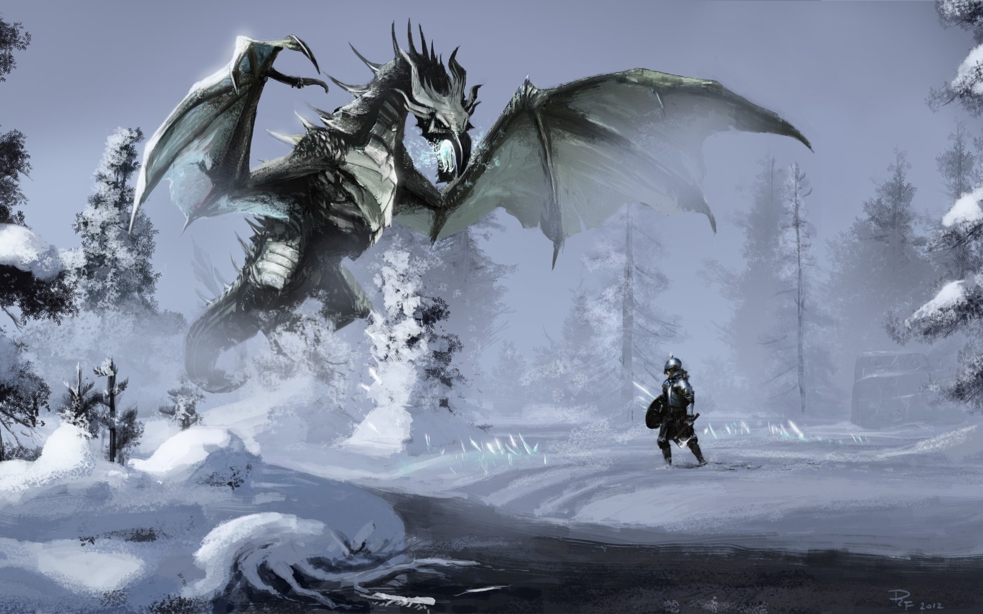 arte río bosque dragón nieve guerrero magia invierno skyrim