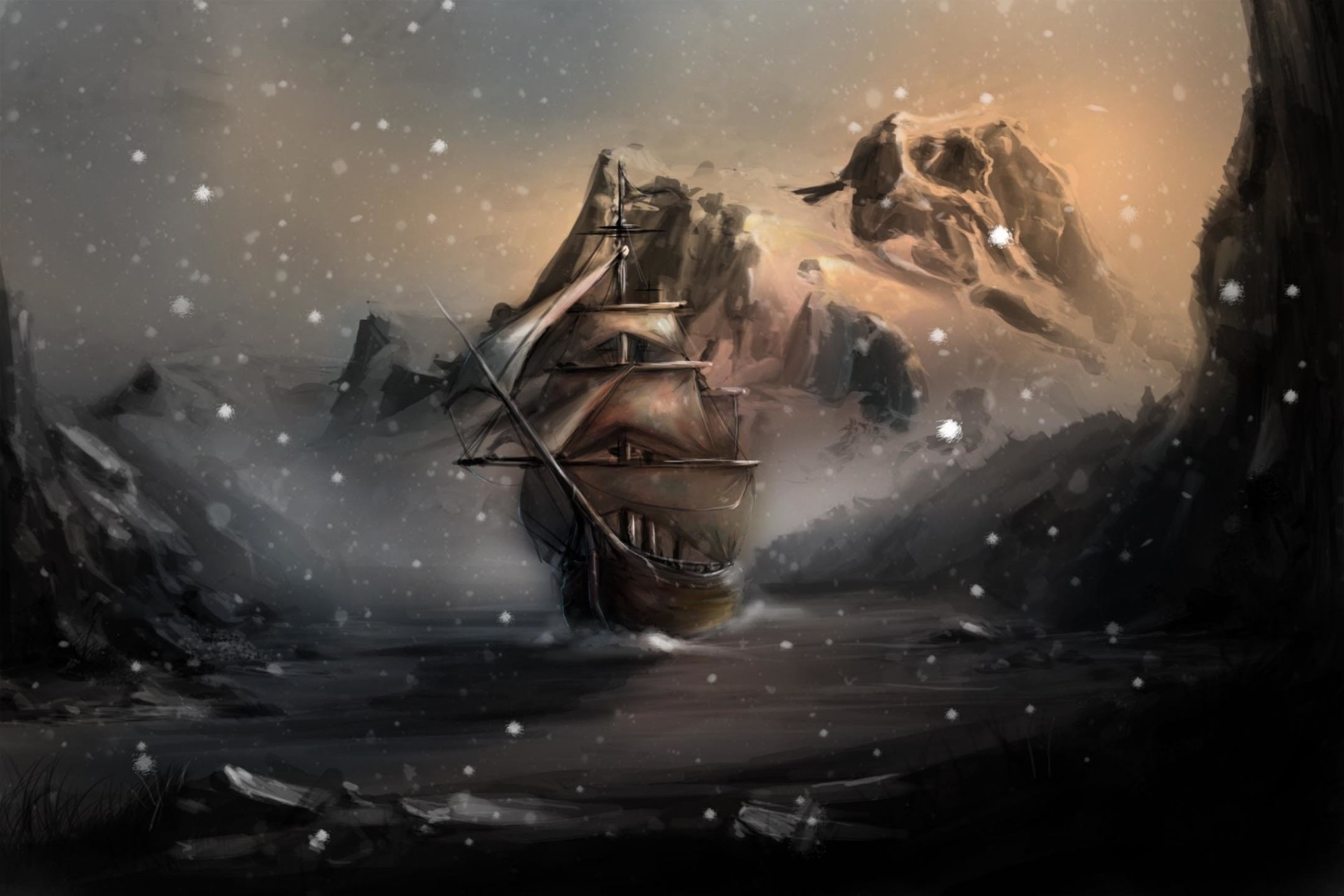 art ship water snow skyrim