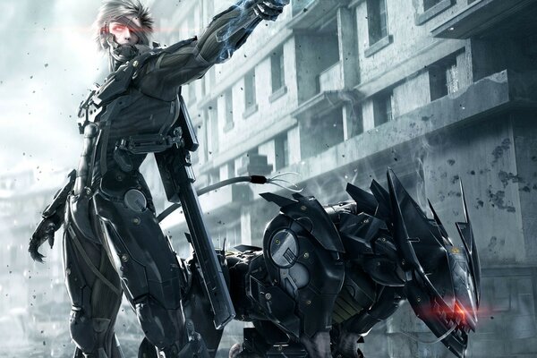 Stealth action, raiden in gear with a robot dog