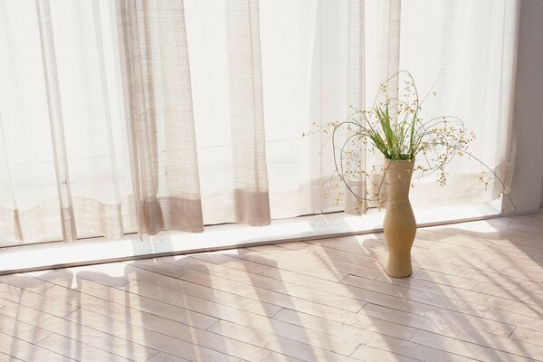 Vase avec de la verdure dans la pièce près du rideau blanc