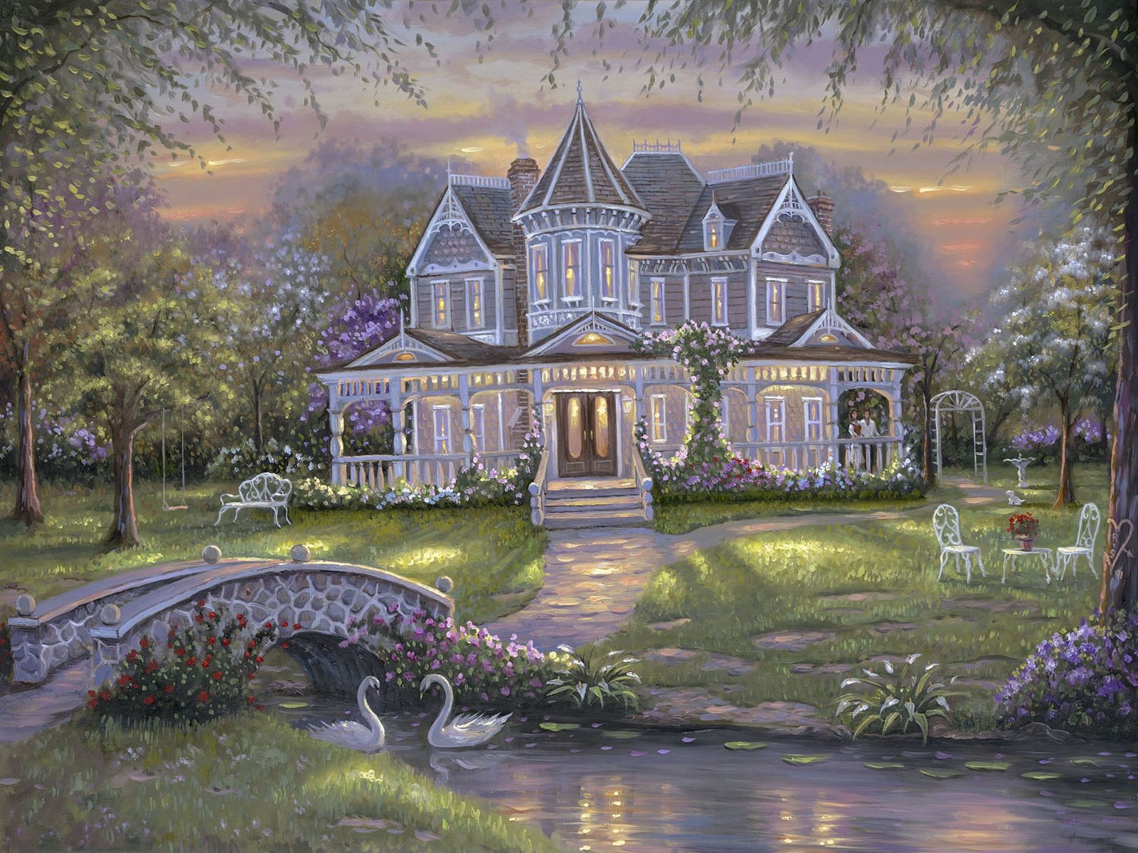 robert finale house bridge pond garden flowers swans people mansion nature painting art