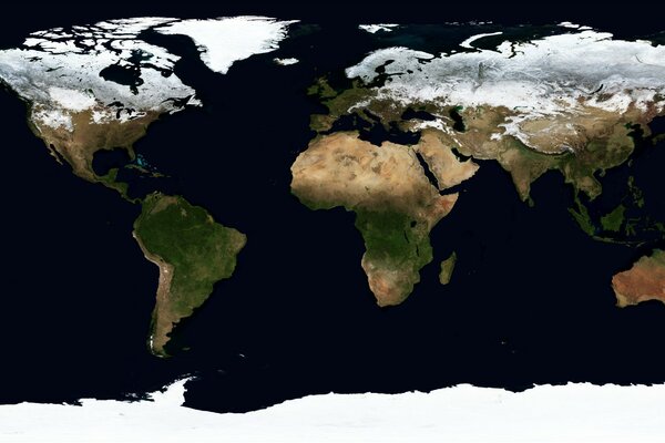 Unusual world map - view from space, season - winter