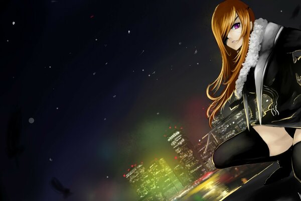 Chica de anime en el fondo de la ciudad de la noche