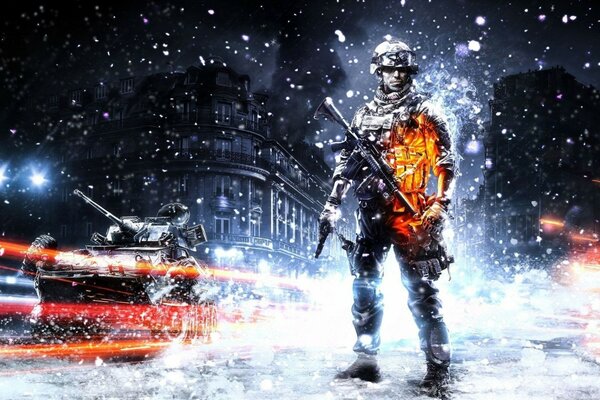 Im Battlefield 3-Krieg sind Soldaten mit Streifen in bf3-Rüstung und im Schnee