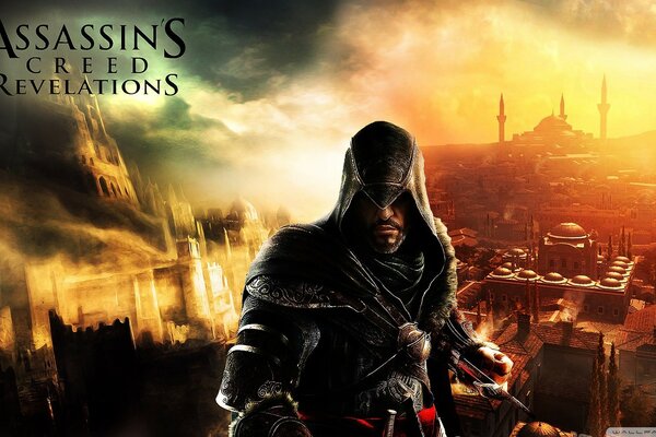 Der Protagonist des Spiels Assassins Creed vor dem Hintergrund der Stadt