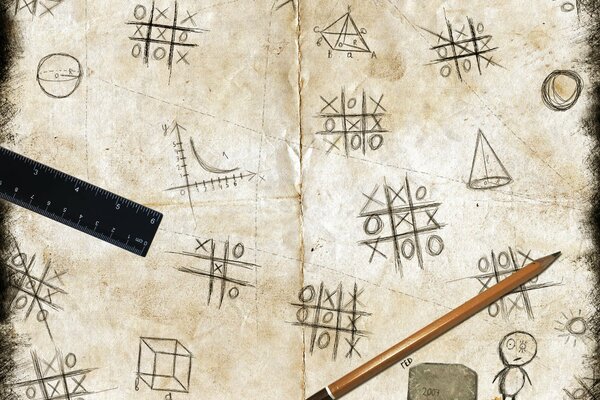 Papel con la imagen del juego TIC-TAC-Toe, en él se encuentran un lápiz, una regla y un rallador