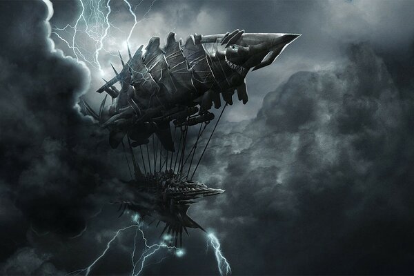 An ominous airship against a stormy sky