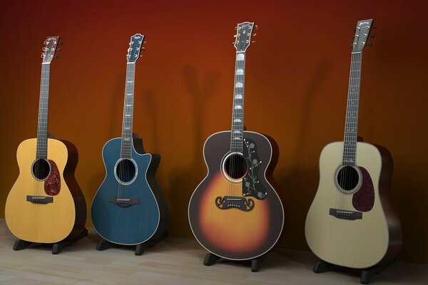 Guitares acoustiques de différentes couleurs