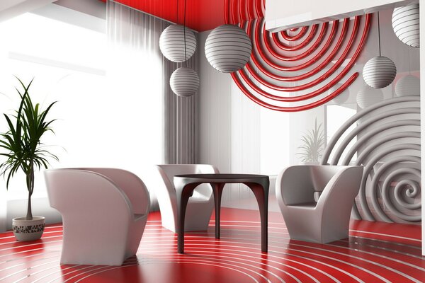 Interesante diseño interior tres sillas y una mesa en rojo