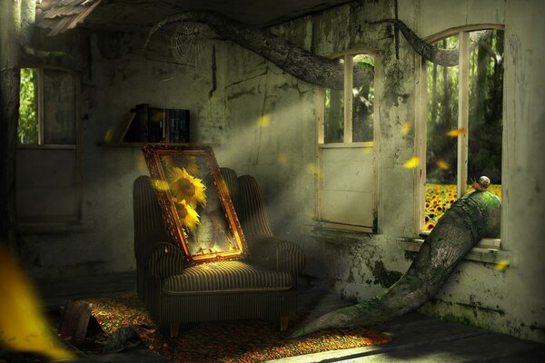 A mirror with sunflowers in an abandoned house