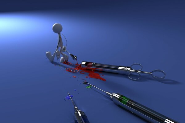 Syringes with colored liquid on a blue background