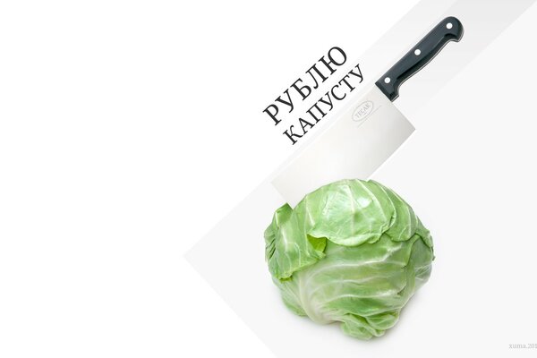 Cabbage with a knife is depicted on a white background