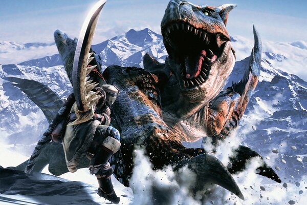 Lucha con un dinosaurio en las montañas nevadas