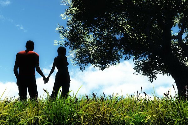 Siluetas de una pareja enamorada en la naturaleza junto a un árbol