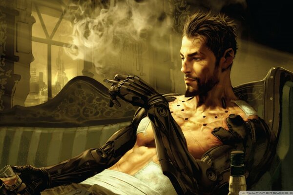 Cyberpunk Adam Jensen auf der Couch