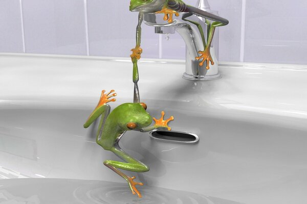 Two frogs hanging on a crane