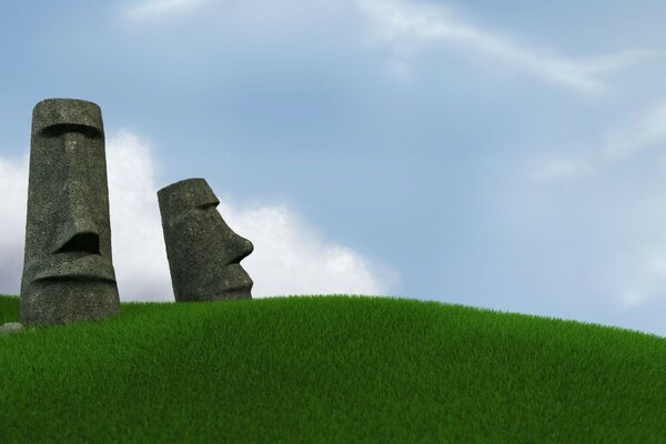 Easter Island landscape against the blue sky