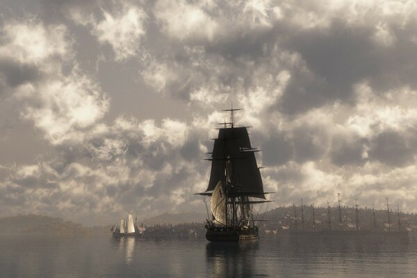 Sailboat on the water. Cloudy day