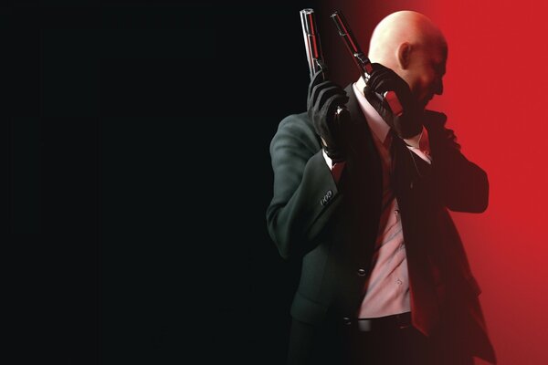 A bald killer with two pistols in his hands