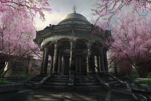 Bed gazebo in cherry blossoms