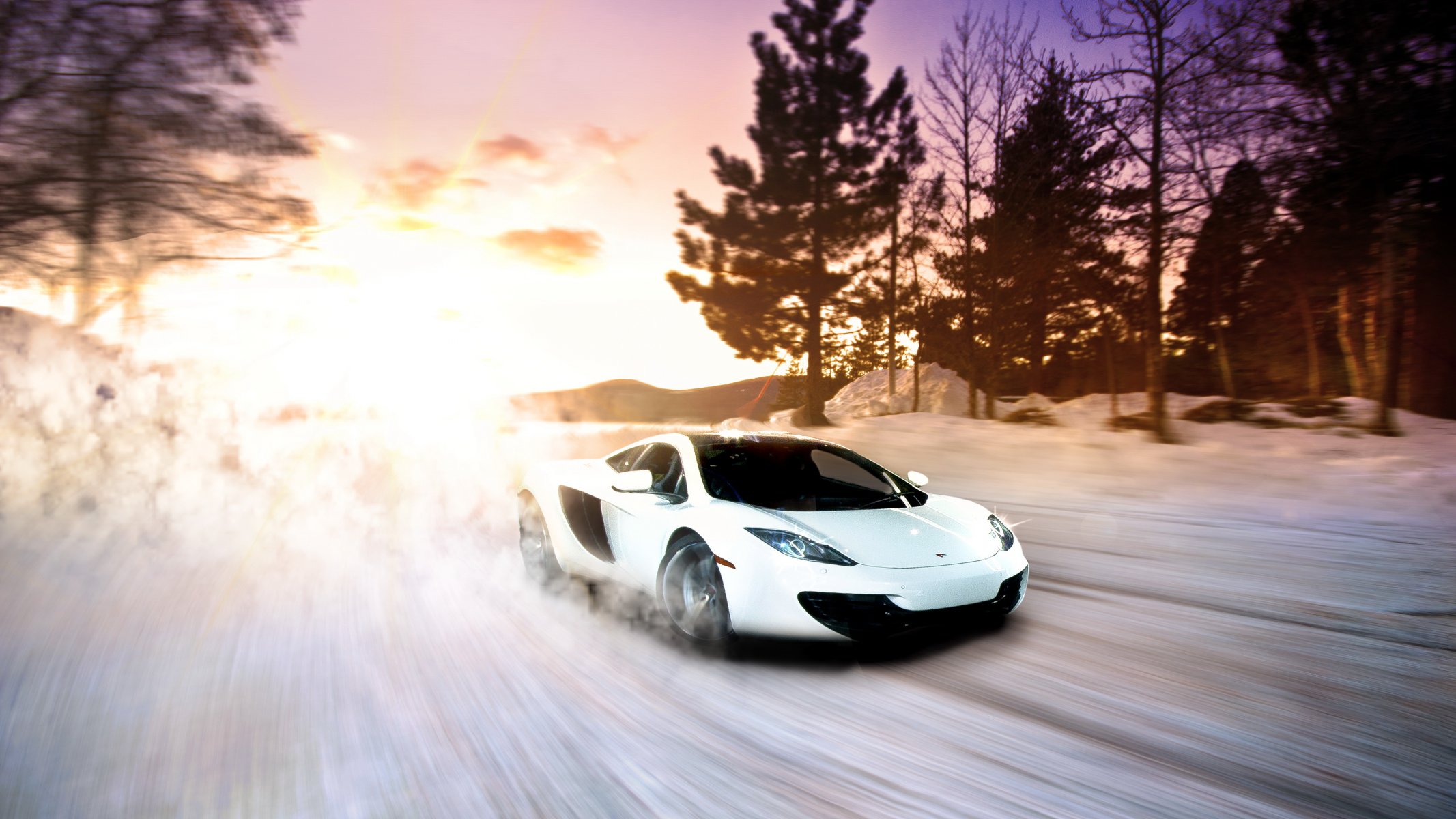 mclaren mp4-12c nieve superdeportivo puesta del sol invierno blanco exótico deportivo rápido