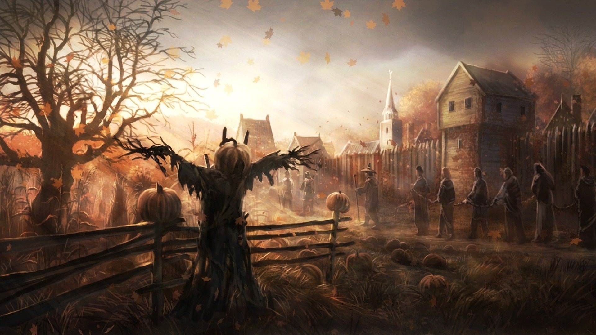 church home art trees the garden fences autumn