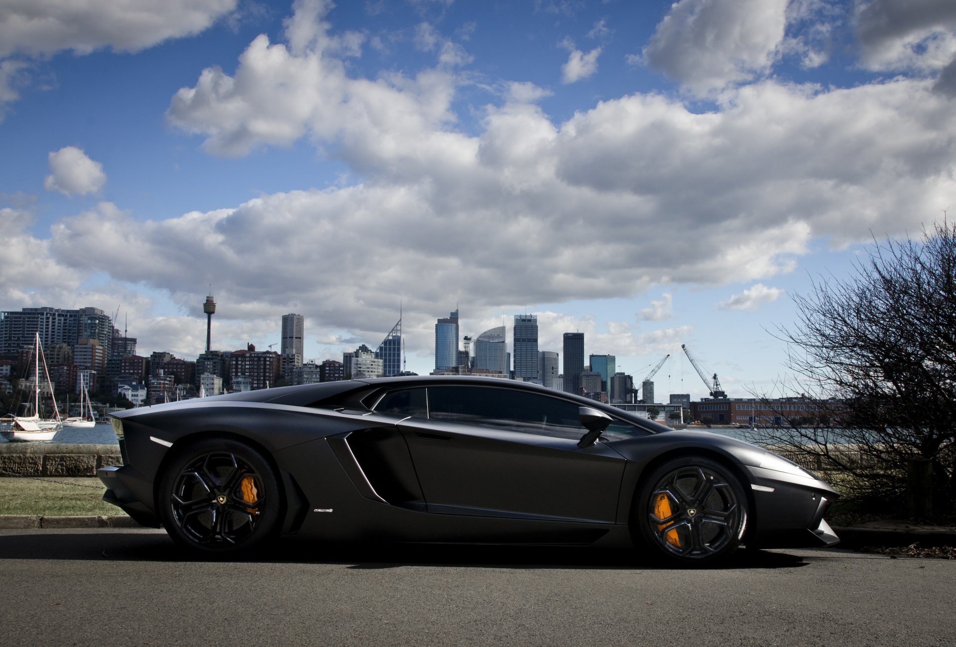 lamborghini aventador lp700-4 nero opaco lamborghini aventador nero opaco profilo ombra lungomare città cielo nuvole