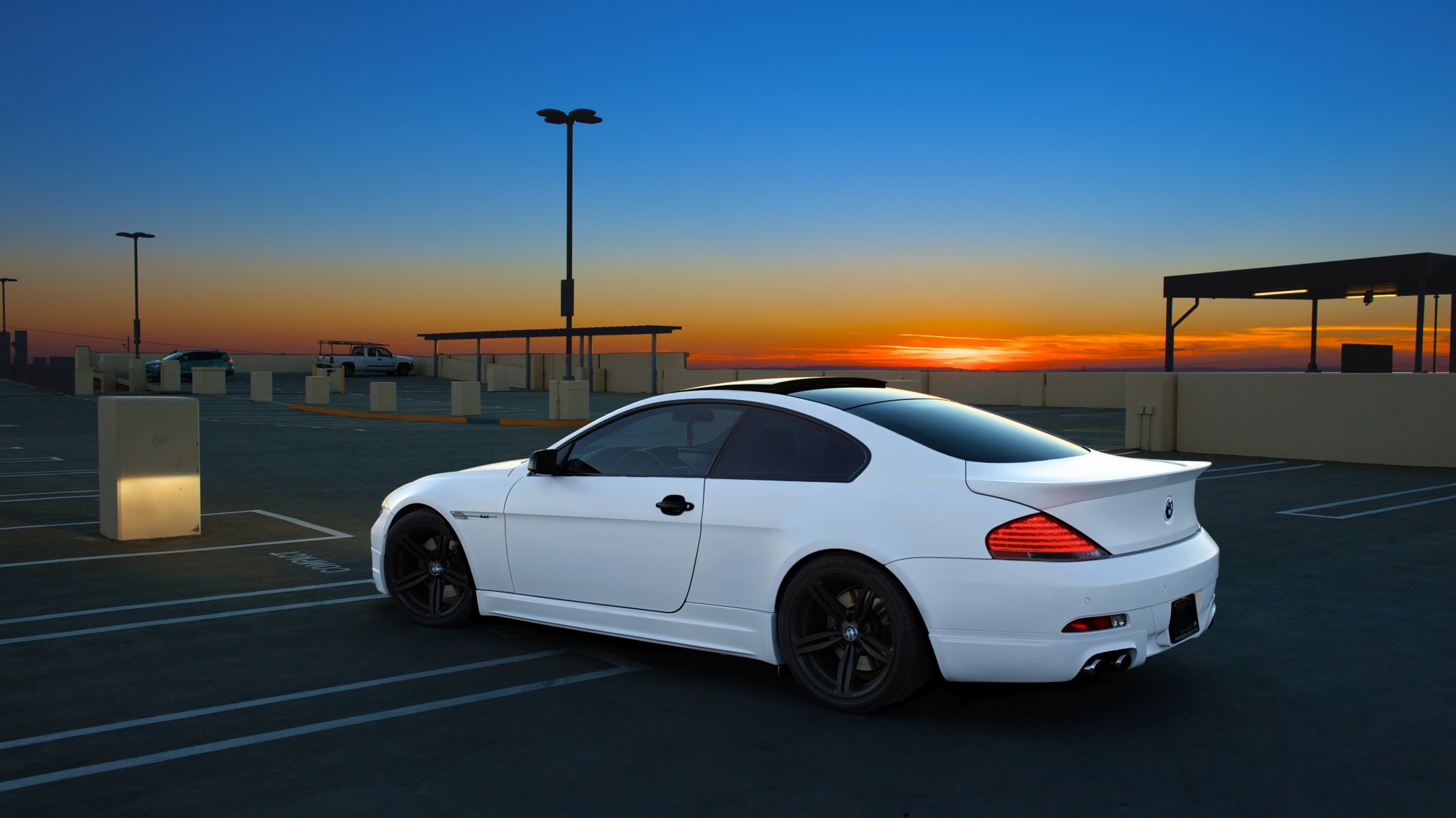 bmw m6 e63 blanco aparcamiento puesta del sol bmw vista lateral cielo