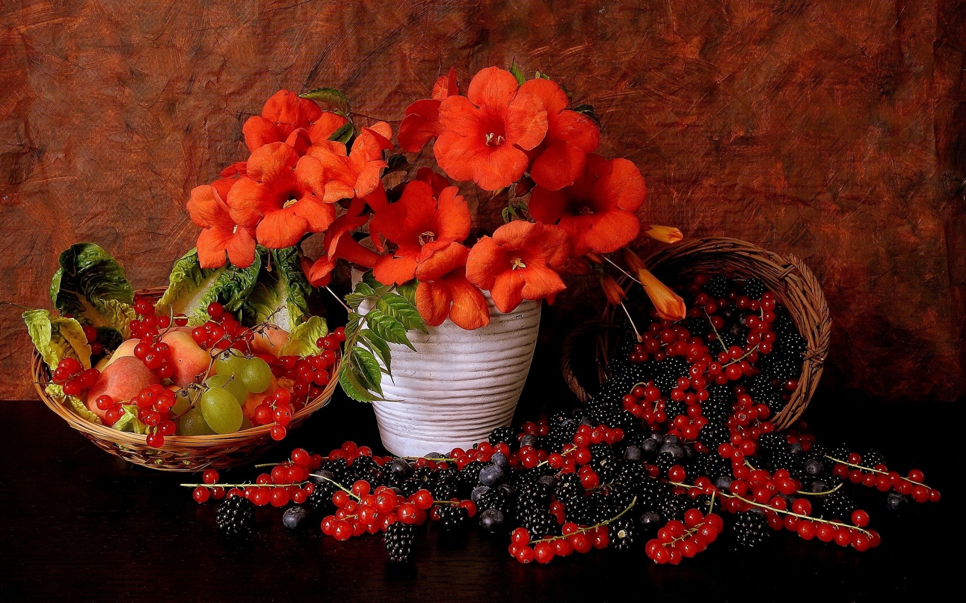 grosellas rojas uvas cama bayas flores moras