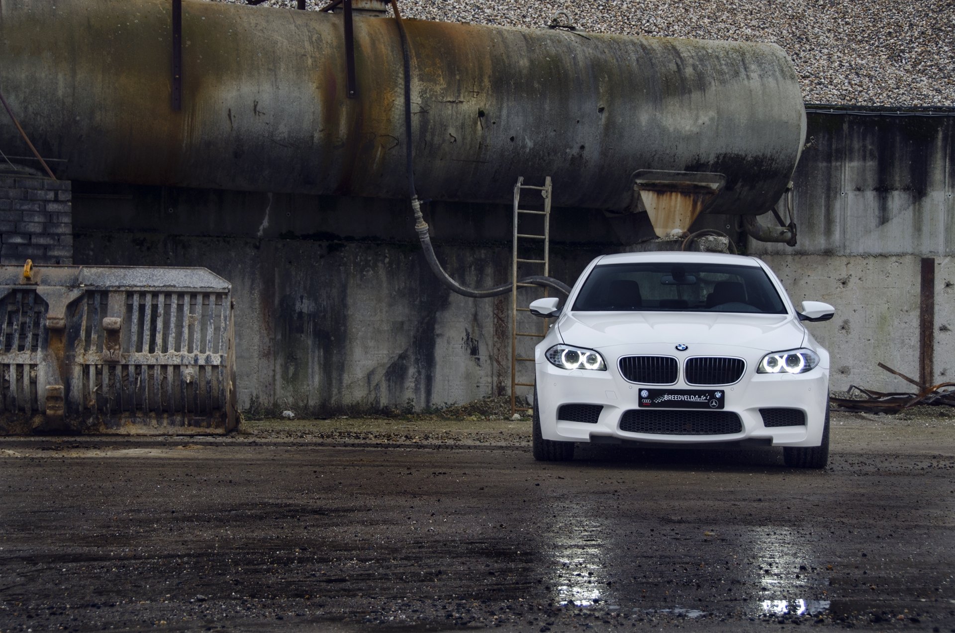 bmw m5 f10 blanco bmw frente asfalto mojado reflexión