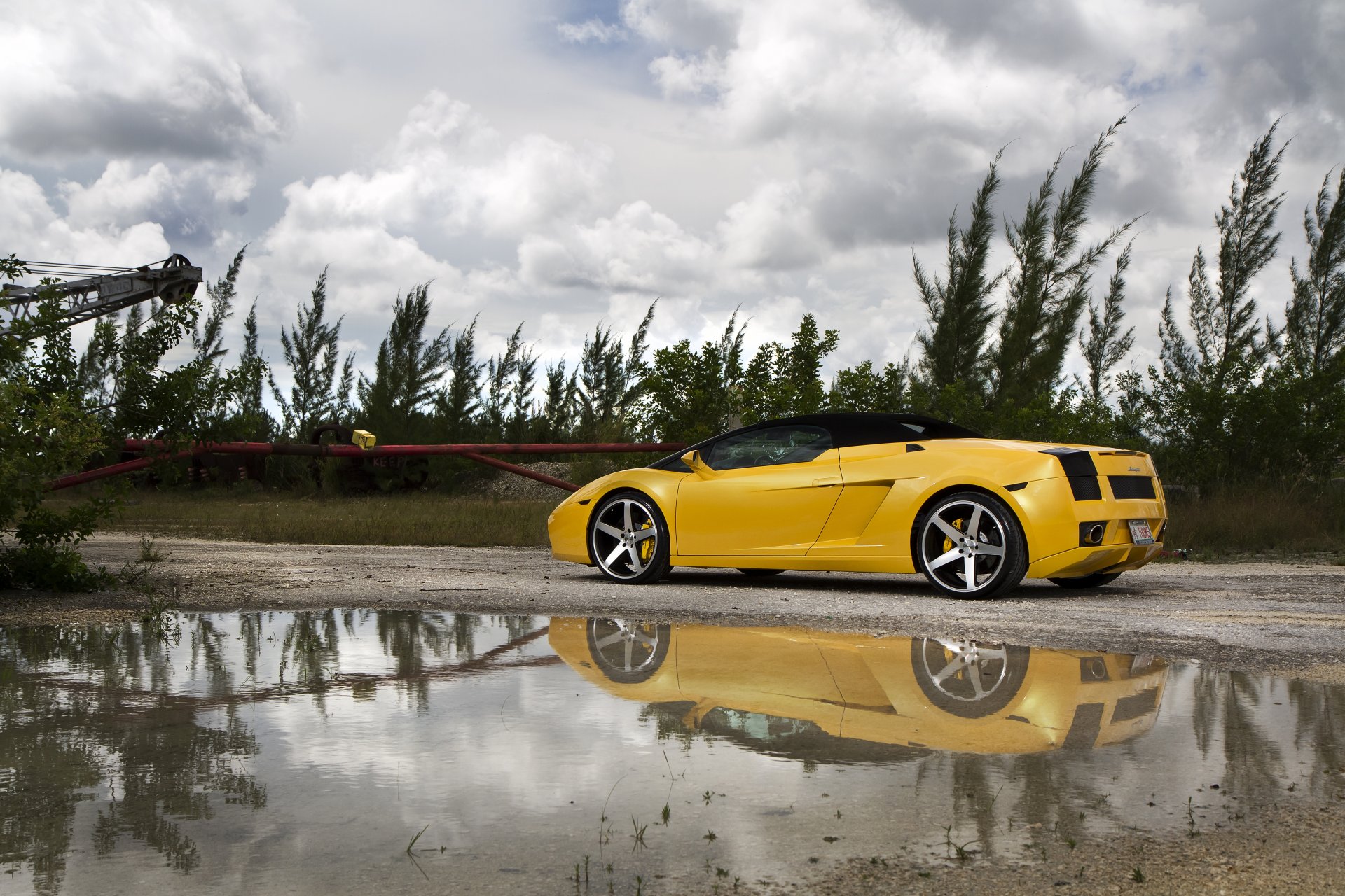 lamborghini gallardo lp560-4 spyder jaune lamborghini gallardo cabriolet vue arrière jantes flaque d eau arbres herbe