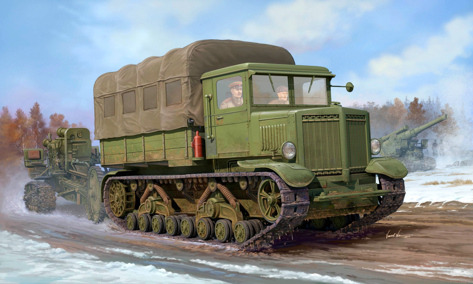 art transporter artillery tractor voroshilovets soviet power engine v-2b 375 hp 12-cylinder towing heavy howitzer b-4 caliber 203 mm range firing 18025m ussr wwii ww2 artist vincent vai