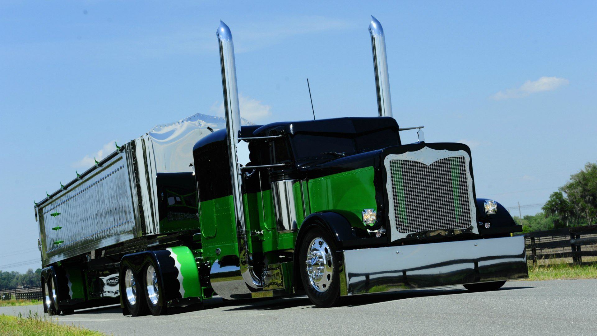 peterbilt 379exhd грузовик зеленый хром дорога