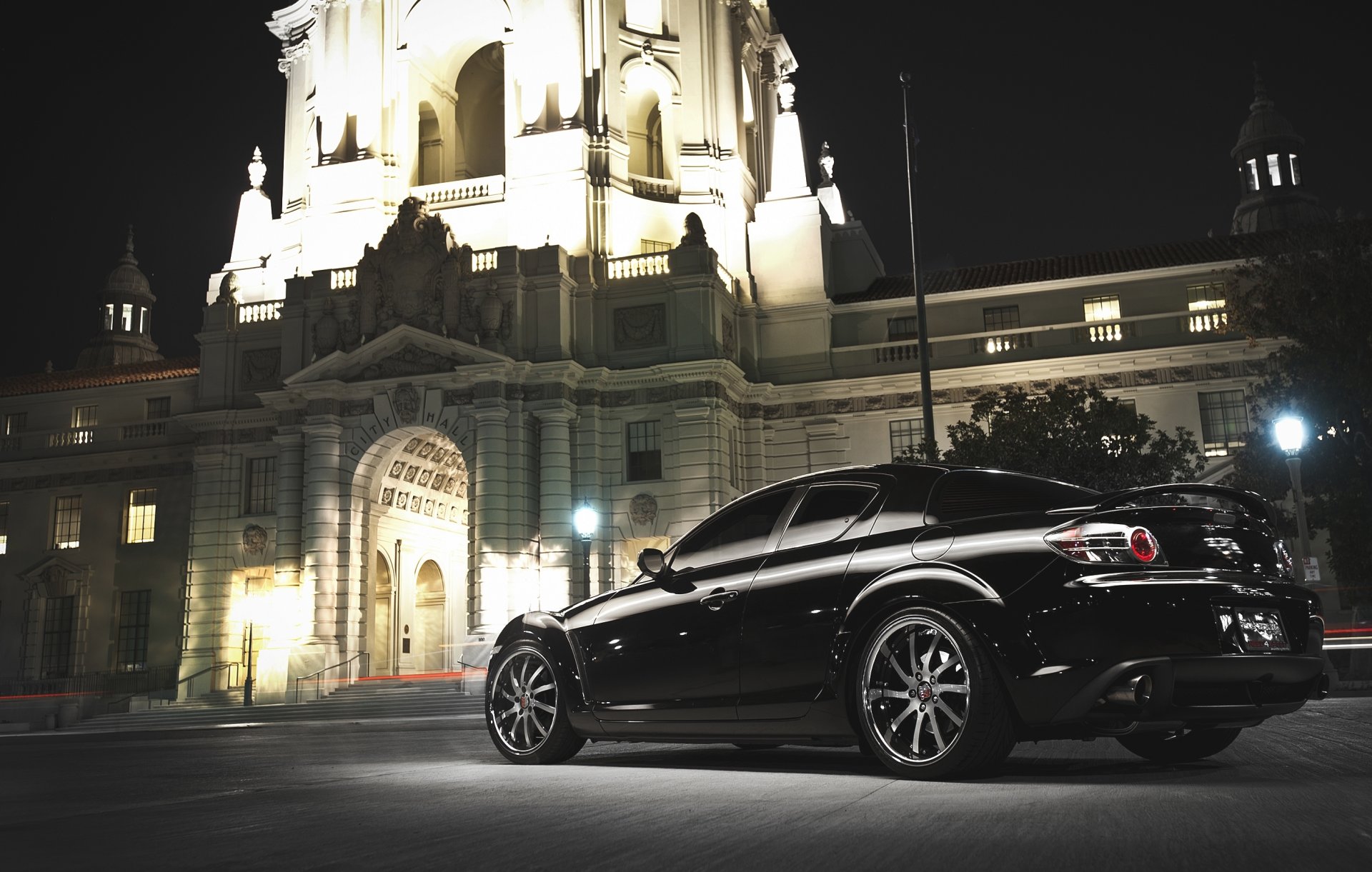 machine car mazda rx 8 black night building