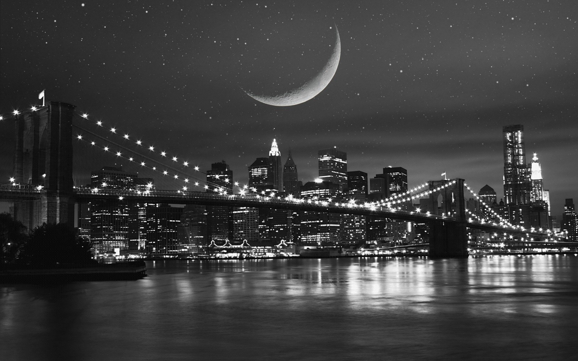 nueva york luces noche río luna ciudad casas puente edificios