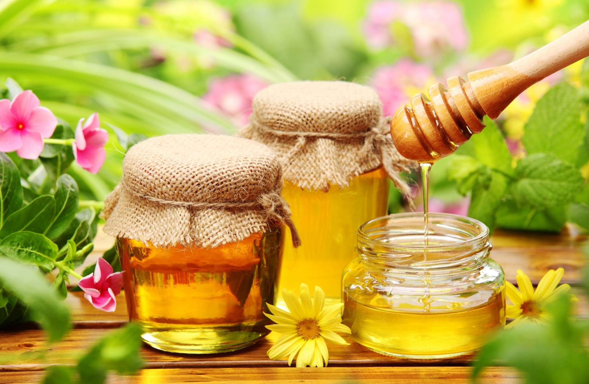 wood jars yellow sweet flower pink spoon honey table