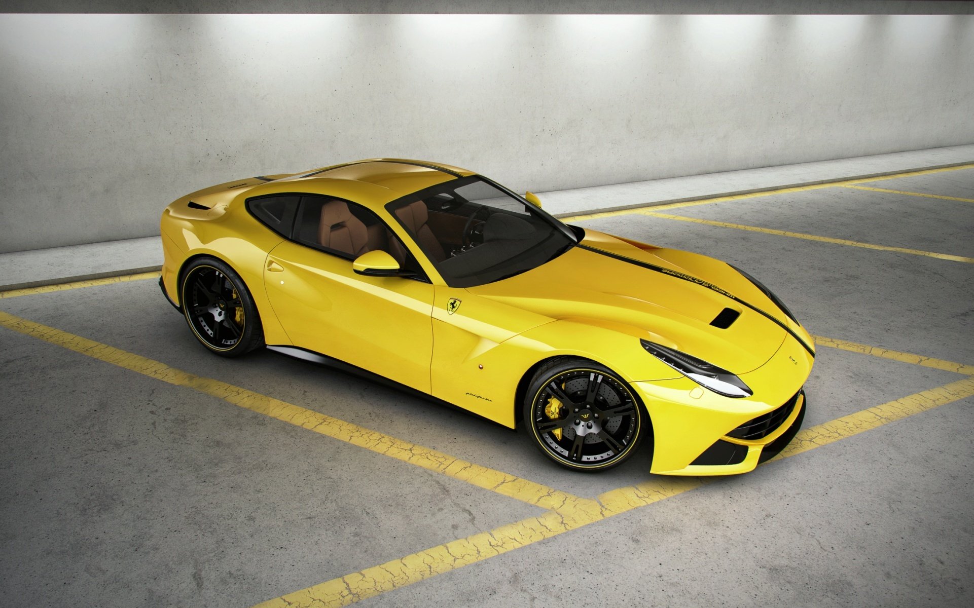 ferrari f12 berlinetta jaune ferrari f12 berlinetta vue de dessus parking rayures