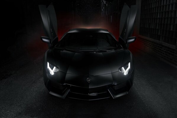 Negro Lamborghini Aventador, puertas en la parte superior, frente hermosas luces, Lamborghini lagotipo