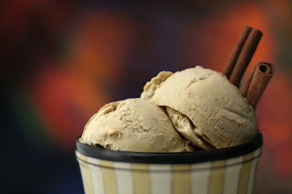 Summer desserts. Chocolate ice cream with cinnamon. Ice cream balls