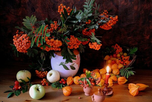 Stillleben Eberesche physalis und Äpfel