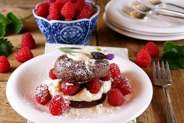 Gâteau aux framboises sur une plaque blanche