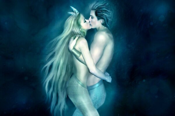 Love kiss of two mermaids