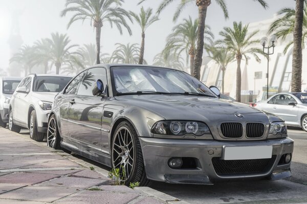 Grey BMW on the road with other cars near palm trees