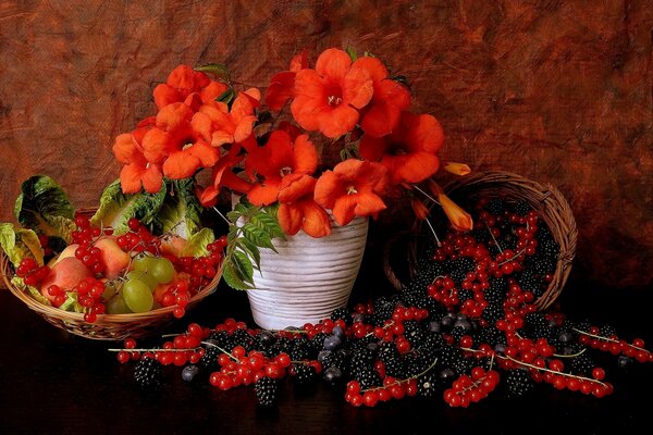 Still lifes with berries. Lots of berries. Bouquet of poppies