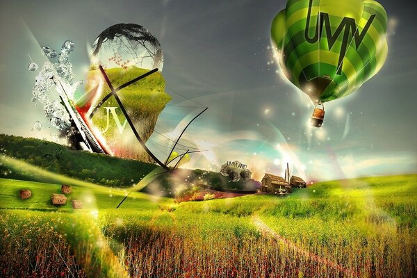 A shining balloon flying over a green field