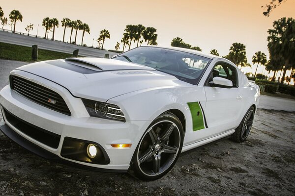 Schneeweißer Ford Mustang vor dem Hintergrund von Palmen und Sonnenuntergang