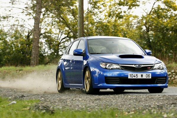 Blue subaru impreza rides near the forest